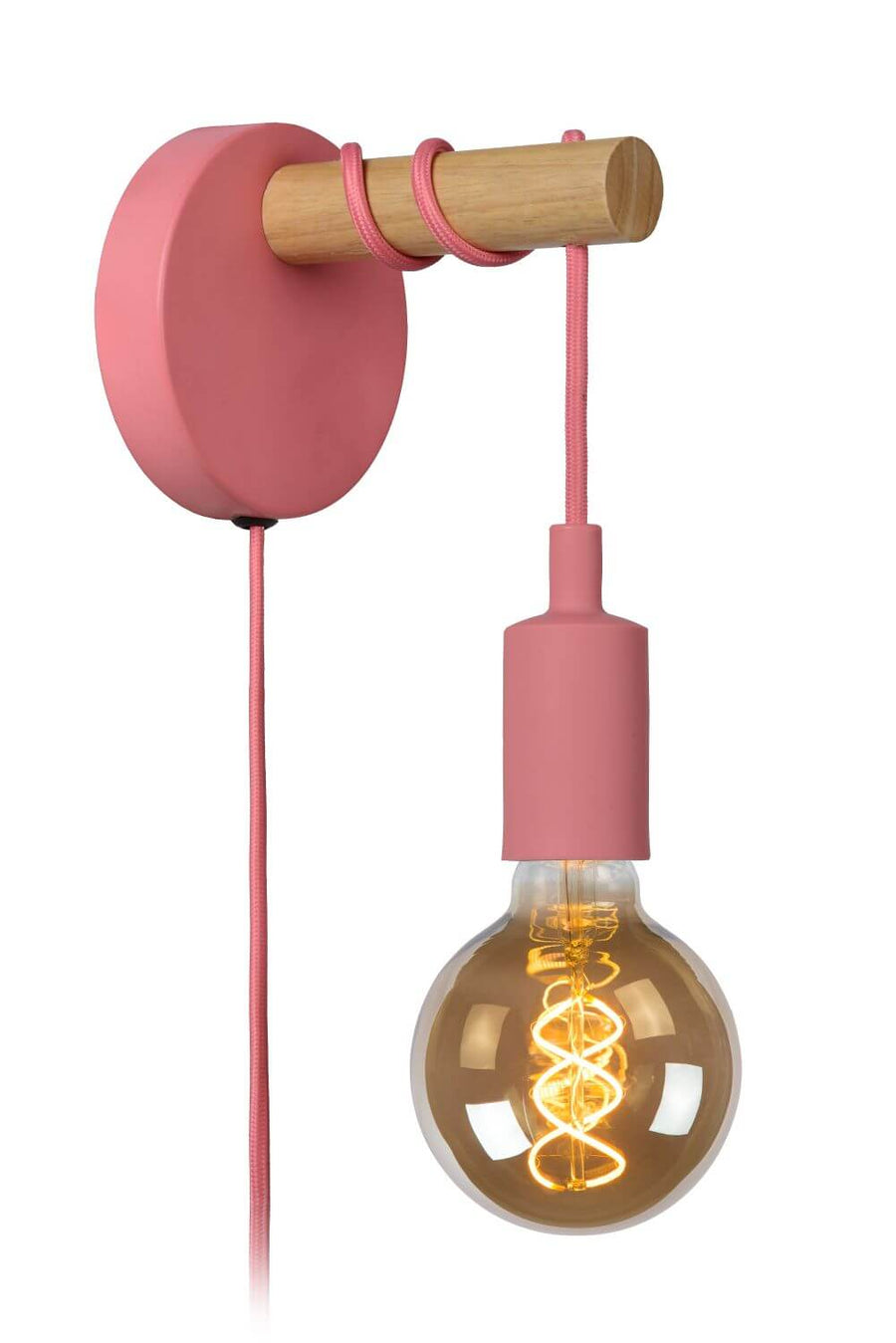 Applique murale rose et bois clair avec ampoule à filament allumée, sur fond blanc.
