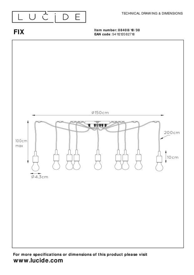 Schéma technique coté du luminaire avec diamètre et longueur des câbles