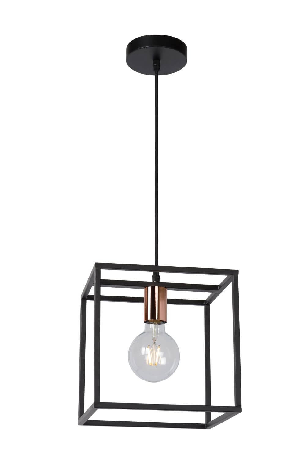 Vue de face sur fond blanc de la suspension noire à structure cubique et douille cuivrée