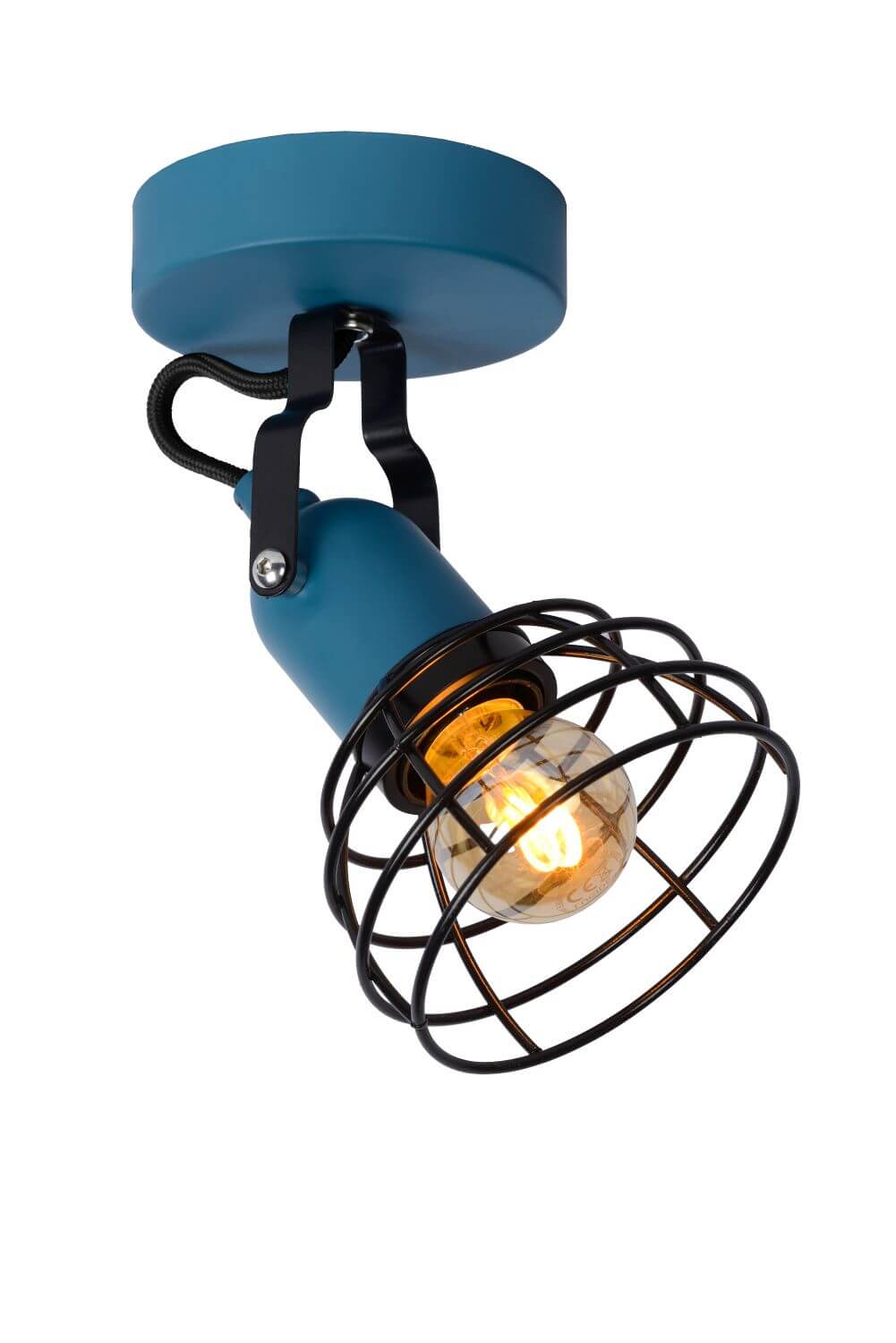 Gros plan sur le spot bleu orientable et sa cage métallique noire