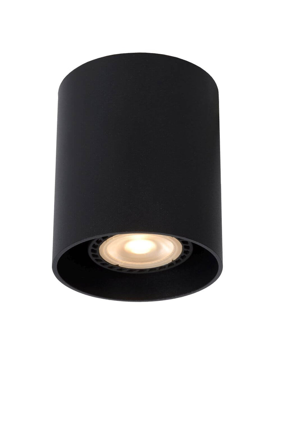 Produit de face, cylindre noir mat avec spot LED allumé au centre