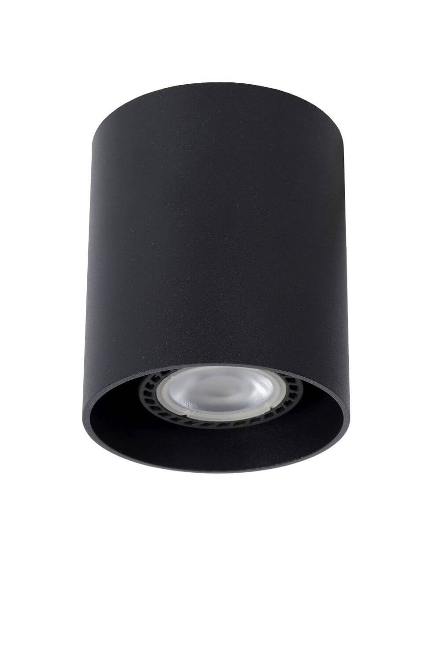 Vue de face du cylindre noir éteint, lentille et collerette striée visibles