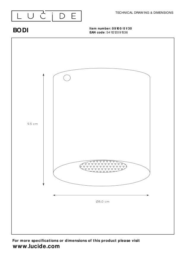 Schéma technique coté : hauteur 9,5 cm et diamètre 8 cm du plafonnier