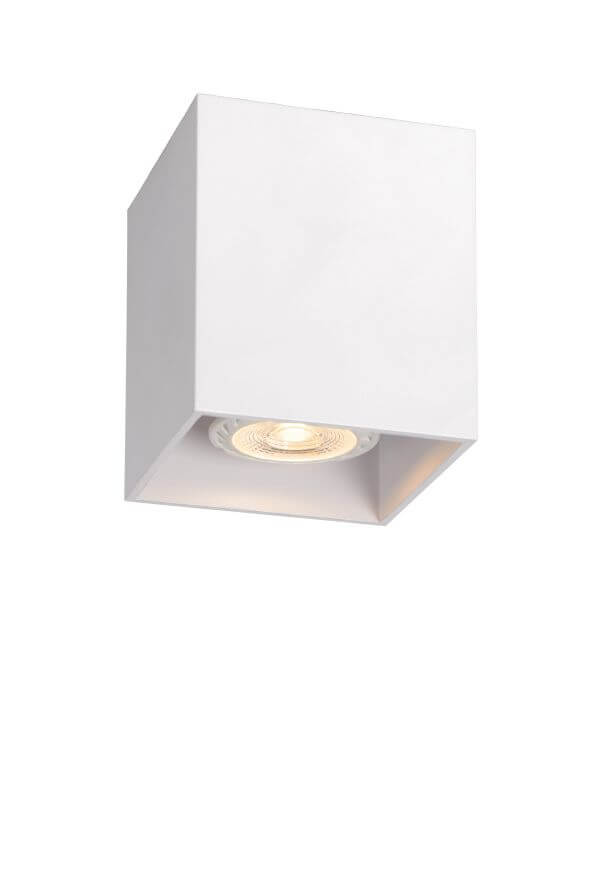 Vue de dessous du luminaire carré blanc, spot allumé au centre de la base