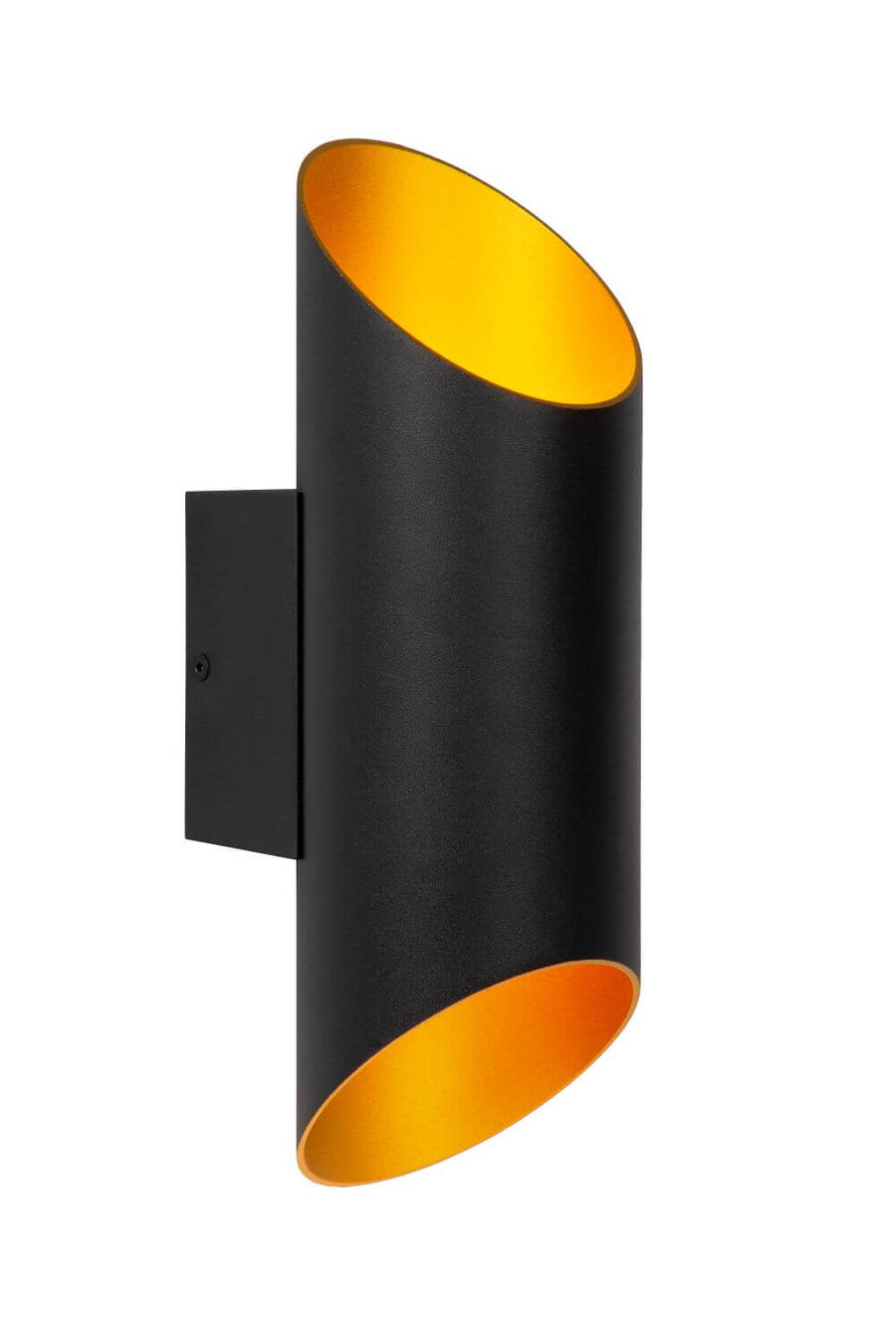 Vue de trois quarts du luminaire avec sa platine de fixation murale noire