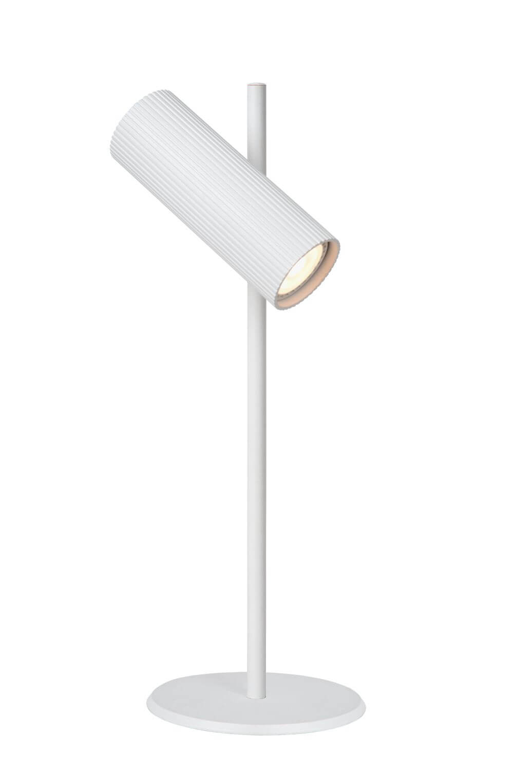 Vue de trois quarts du luminaire blanc avec tête inclinée et base ronde.