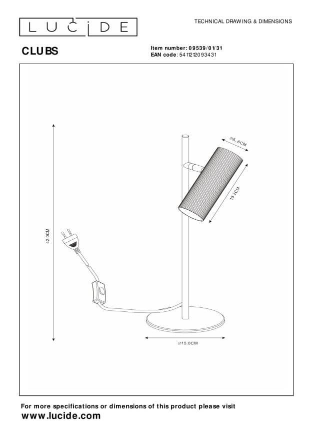 Schéma technique coté du luminaire avec hauteur et diamètres indiqués.