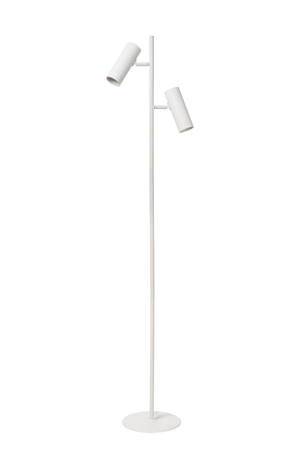 Lampadaire blanc vu de profil, deux têtes cylindriques striées sur tige