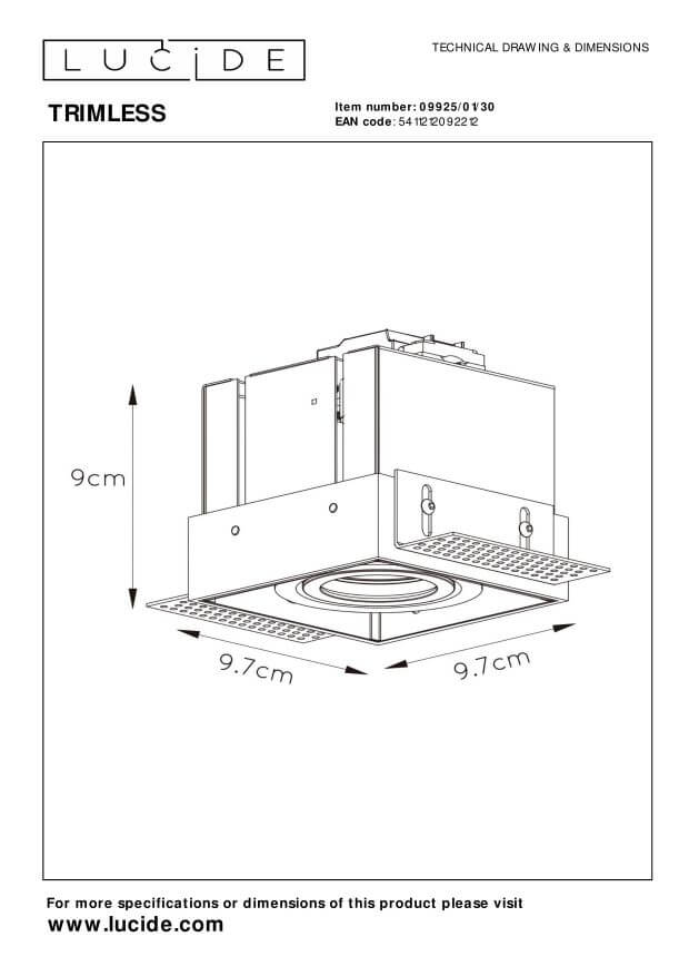 Schéma technique du spot avec dimensions 9 cm de haut et 9,7 cm de large