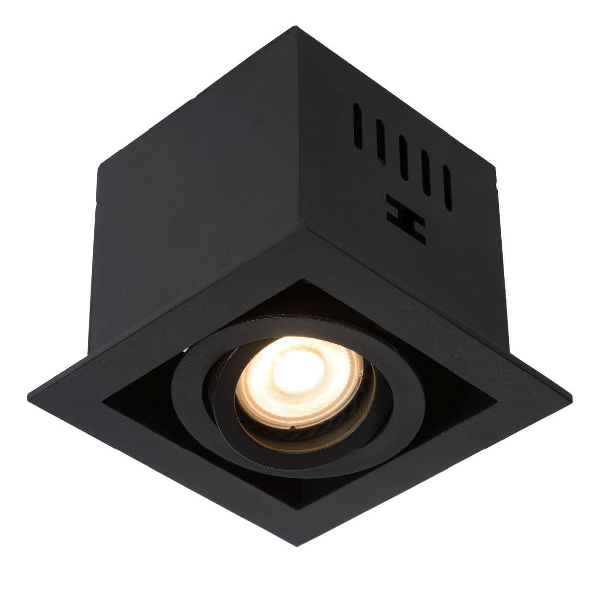 Vue en perspective du boîtier encastré noir allumé, ailettes d'aération sur le flanc