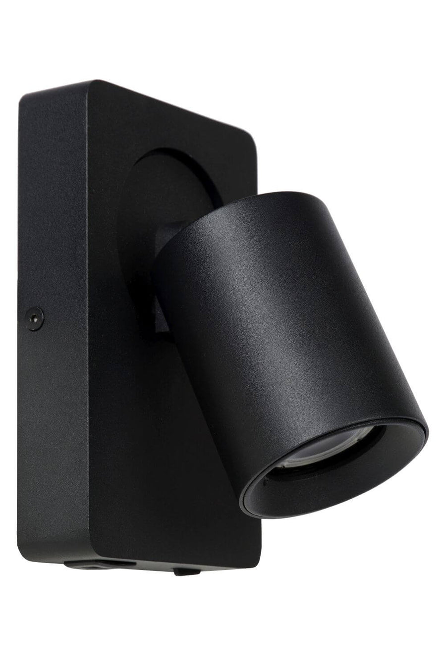 Détail du corps cylindrique noir et de la lentille allumée en lumière chaude
