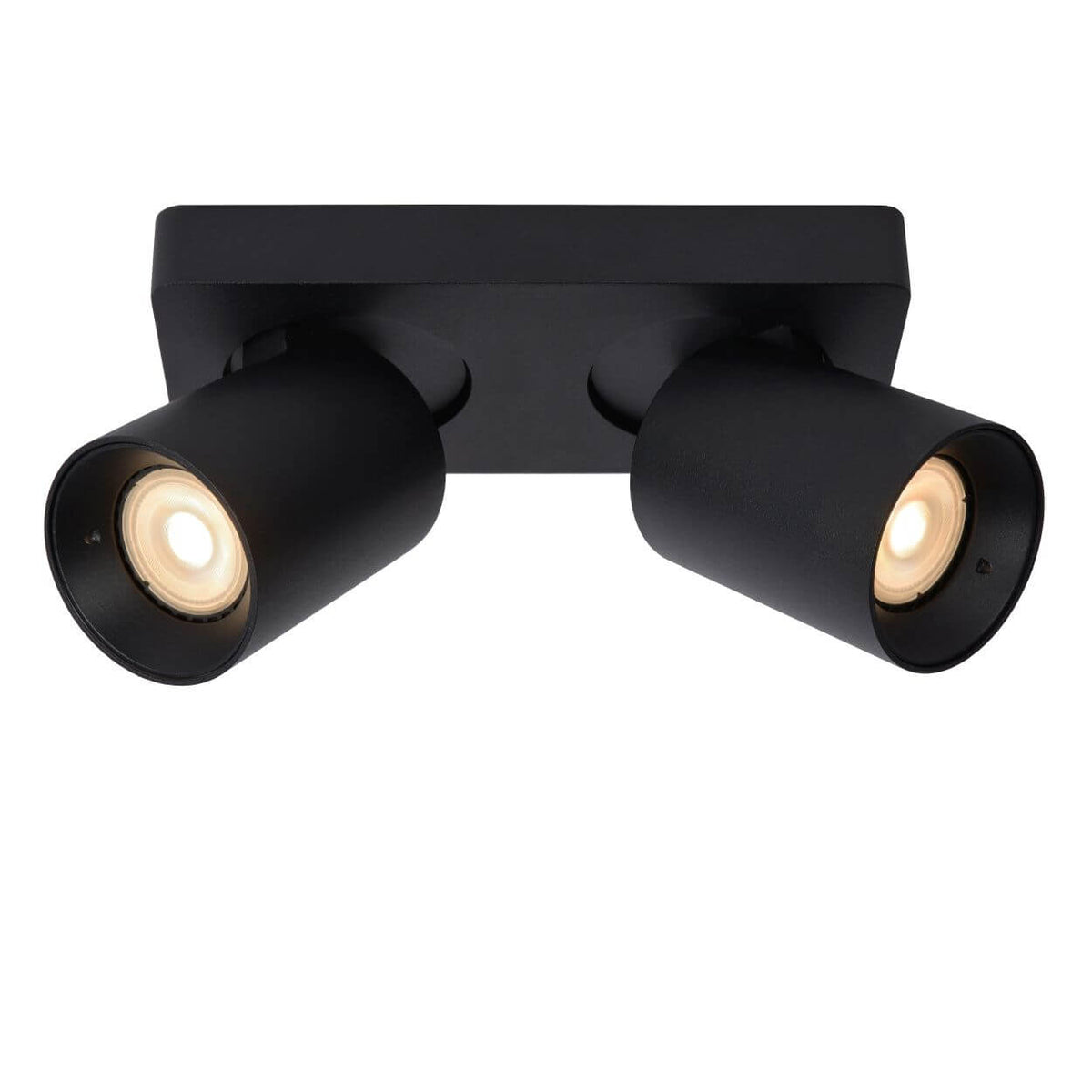 Produit sur fond blanc : plafonnier noir à deux spots cylindriques orientables vers l'extérieur.