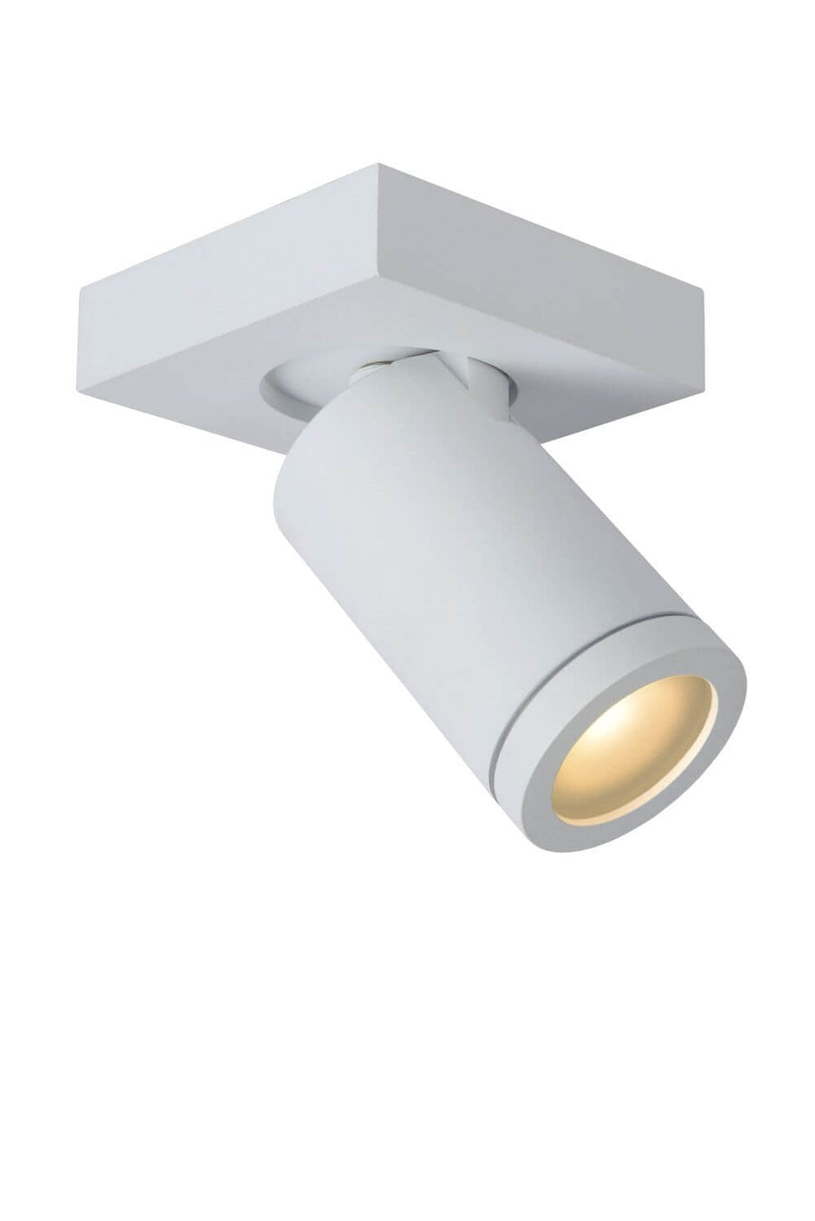 Produit sur fond blanc, spot blanc orientable incliné, lumière chaude allumée