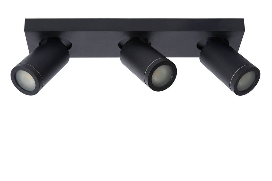 Détail du luminaire éteint sur fond blanc, trois tubes noirs orientables
