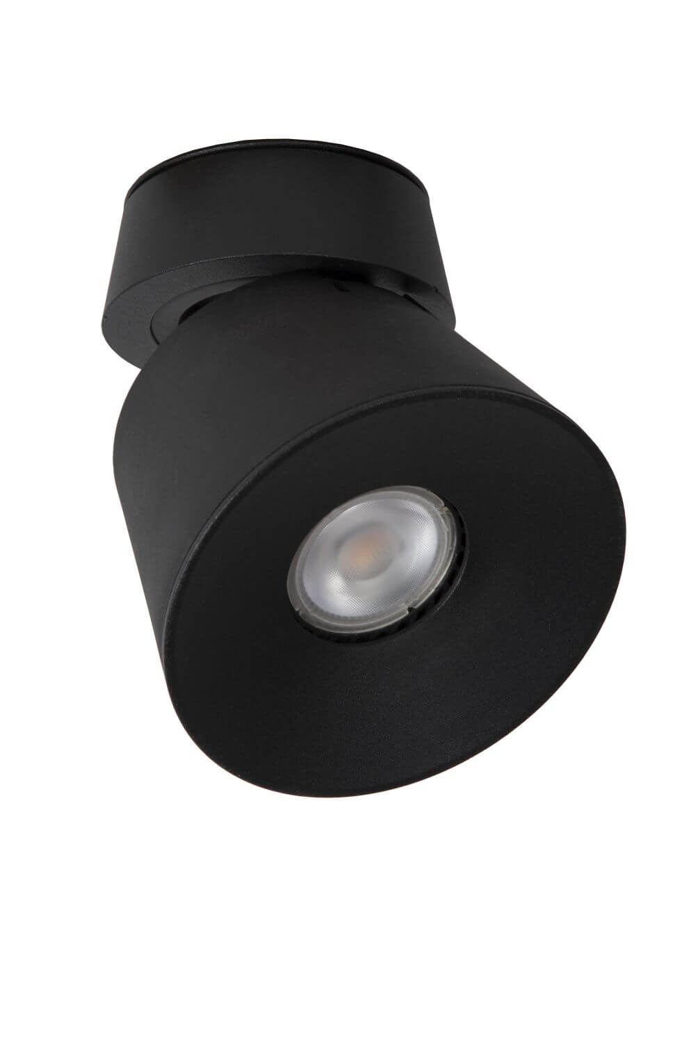 Vue rapprochée du plafonnier noir éteint, lentille LED transparente et bord conique.