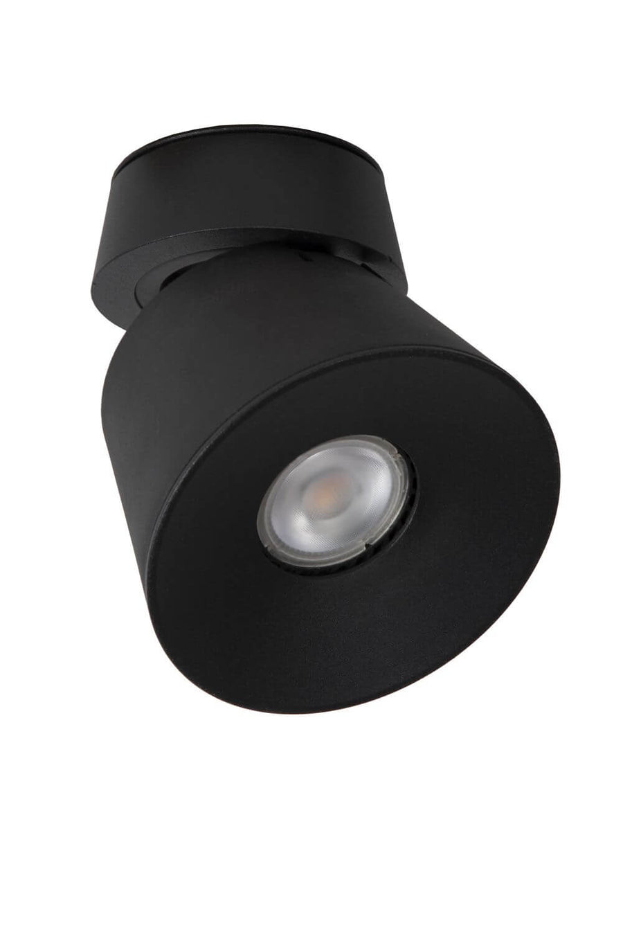 Vue rapprochée du plafonnier noir éteint, lentille LED transparente et bord conique.