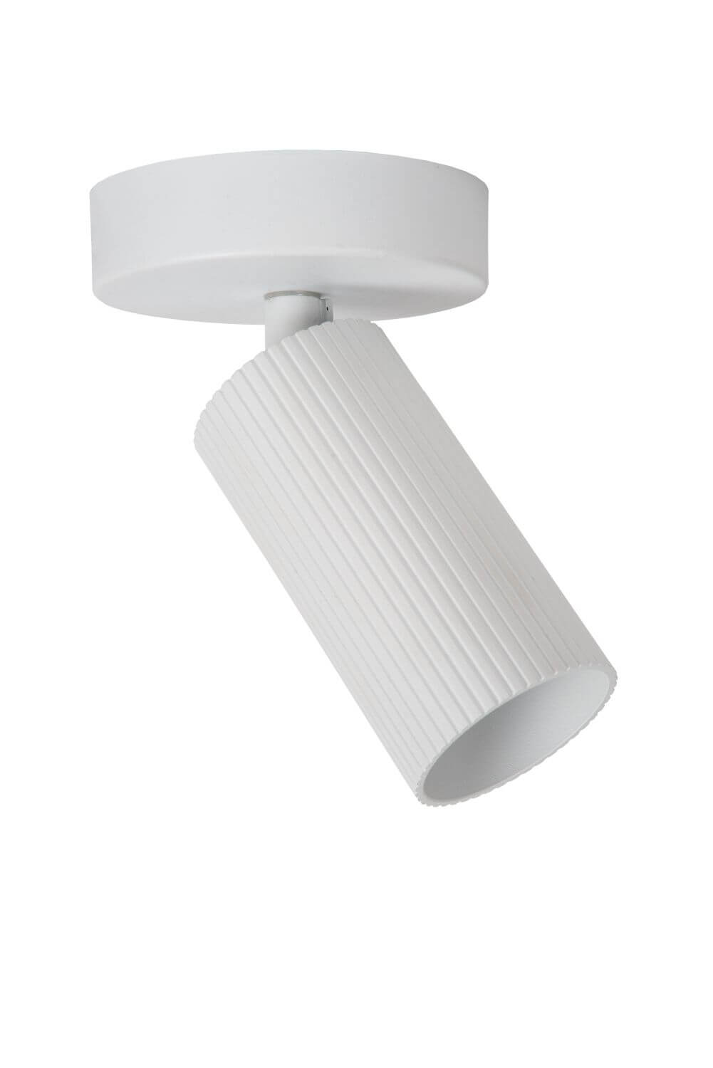 Vue en contre-plongée du plafonnier blanc, mettant en évidence le cylindre strié orientable.
