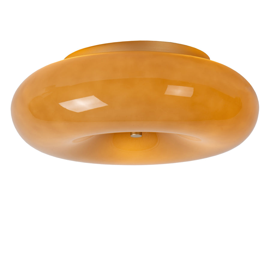 Produit de face sur fond blanc, large diffuseur en verre ambré brillant