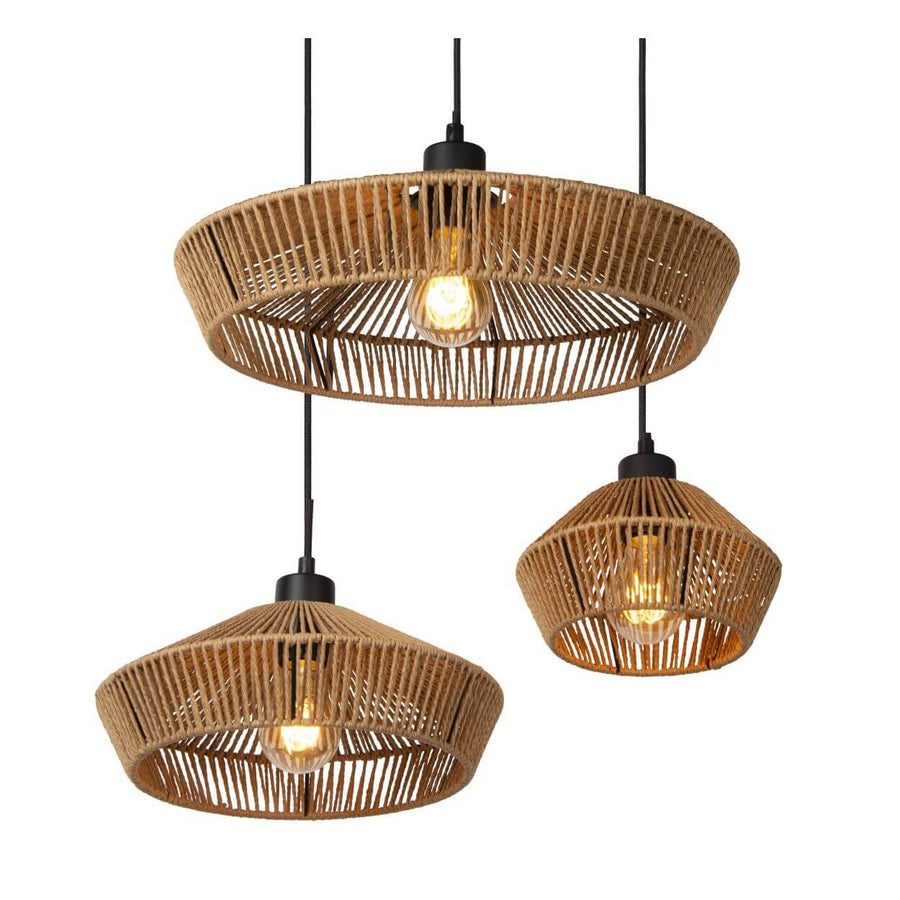Suspension Yunkai 3 lumières bois clair et noire, rotin