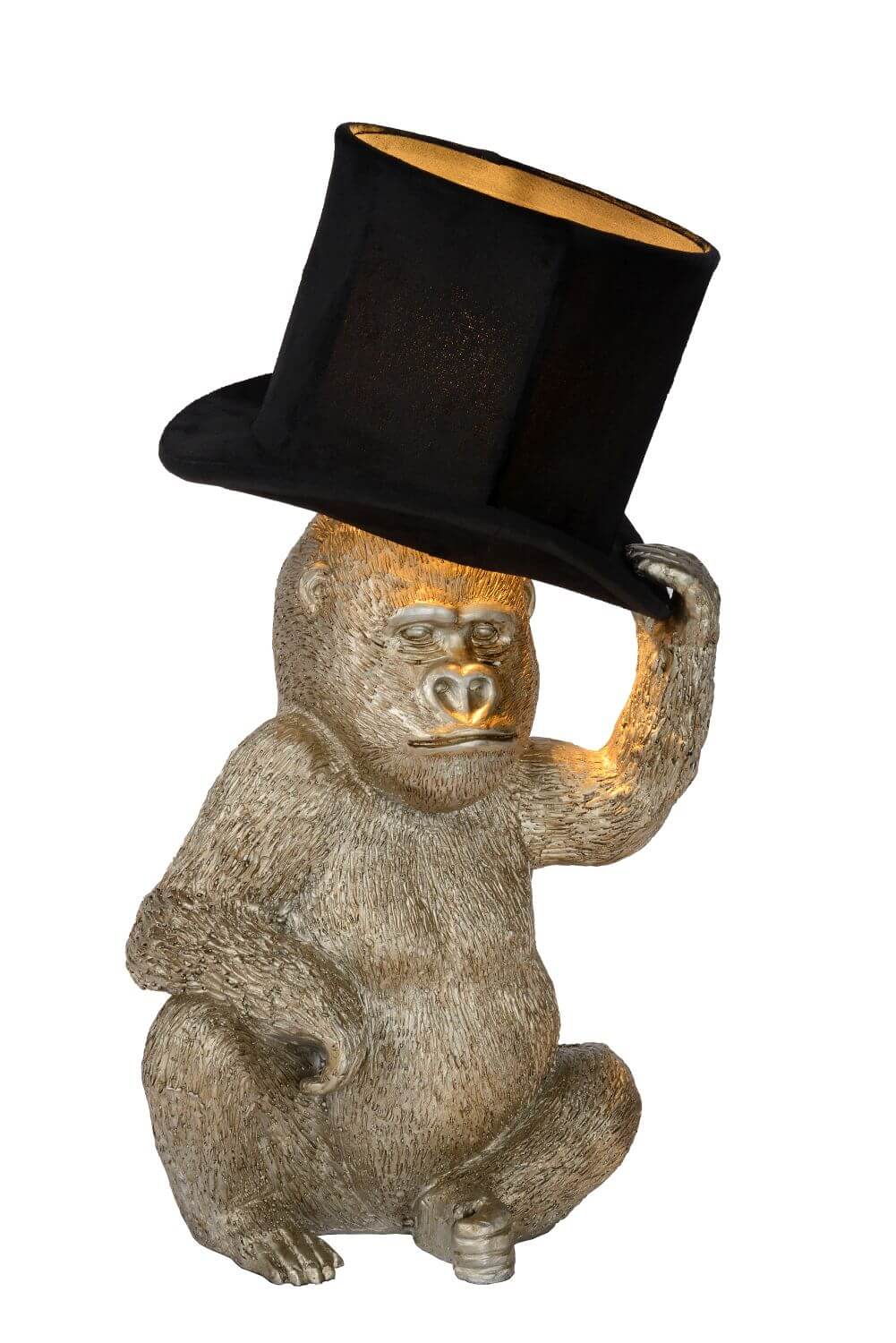 Vue de trois quarts de la lampe singe doré, chapeau noir formant abat-jour.