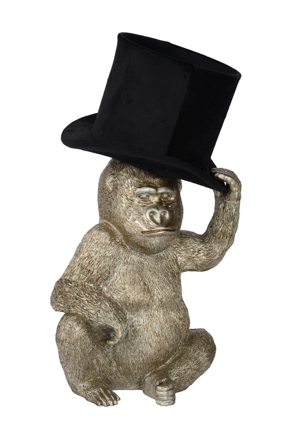 Lampe à poser en résine dorée représentant un singe assis, chapeau noir.