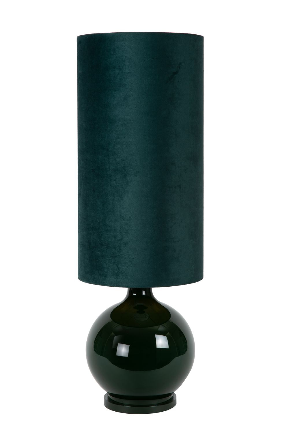 Lampadaire complet éteint, base en verre vert réfléchissant et abat-jour sombre.