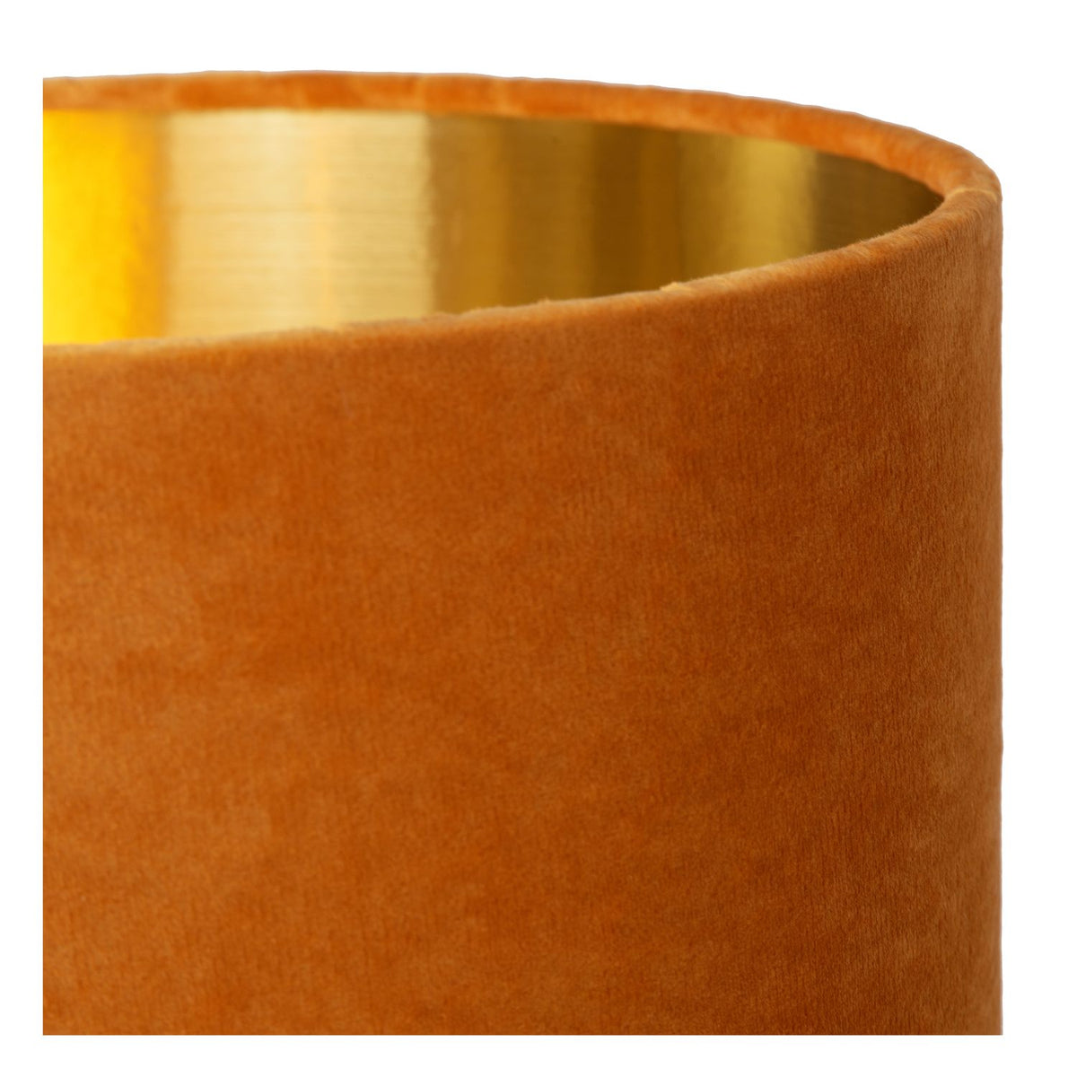 Détail du haut de l'abat-jour cylindrique, intérieur doré et extérieur en velours orange.