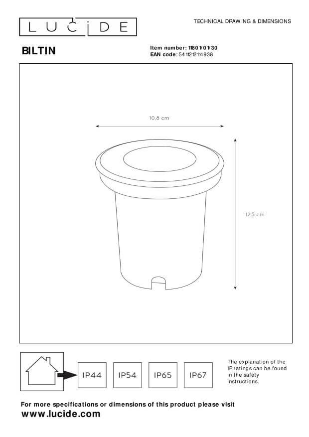 Schéma technique coté du luminaire avec dimensions et indices de protection IP