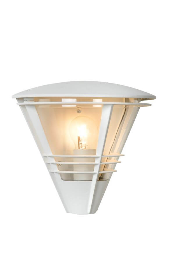Produit de face sur fond blanc, luminaire conique blanc avec ampoule allumée.