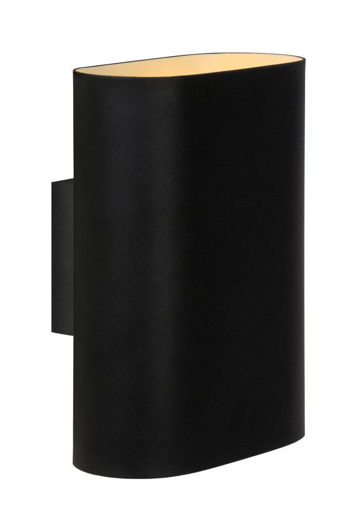 Vue de trois quarts du luminaire noir avec support mural apparent, fond blanc.