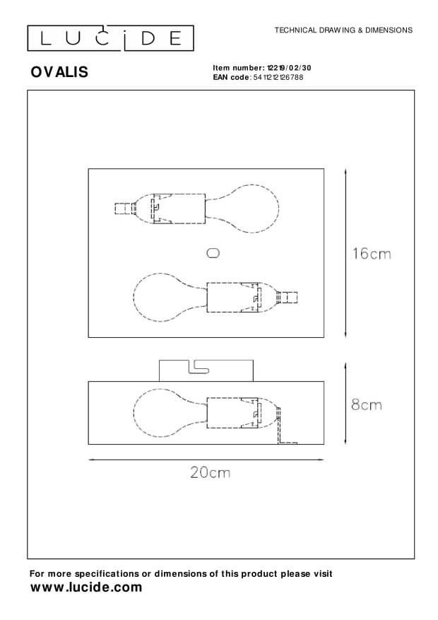 Schéma technique avec dimensions du luminaire : hauteur seize centimètres, largeur vingt centimètres.