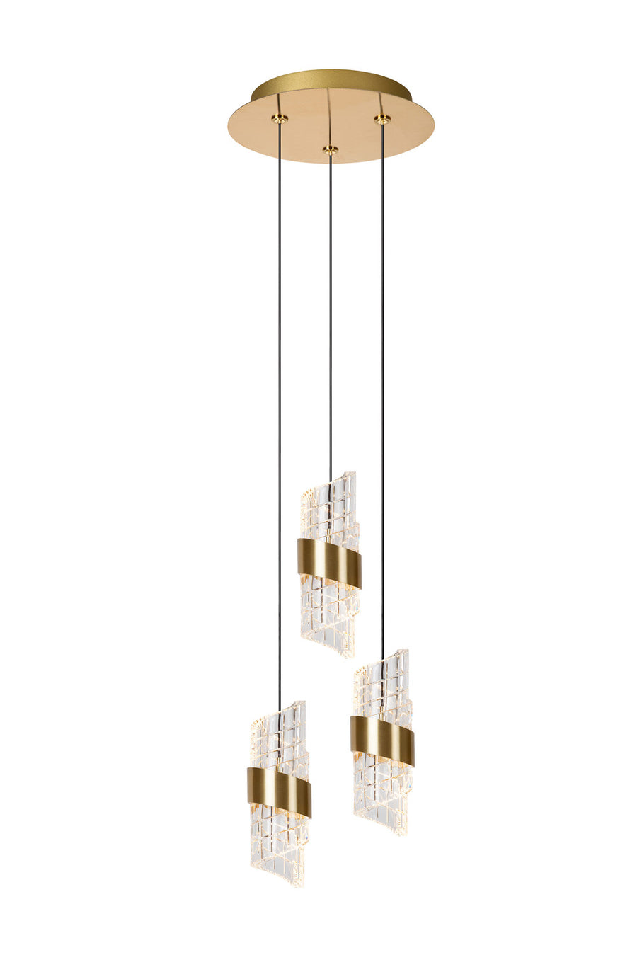 Vue de face de la suspension avec ses trois pendants en verre et son plateau doré