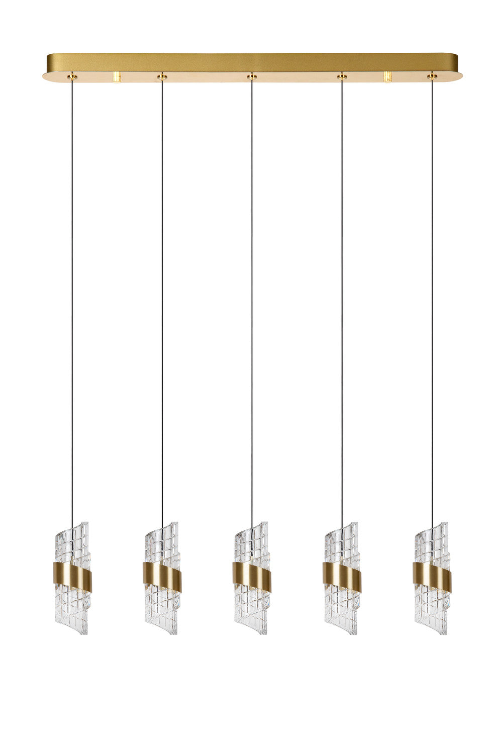 Second plan du luminaire suspendu alignant cinq diffuseurs en verre et laiton.
