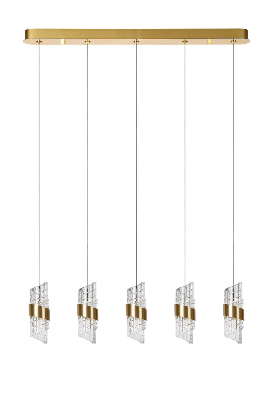 Second plan du luminaire suspendu alignant cinq diffuseurs en verre et laiton.