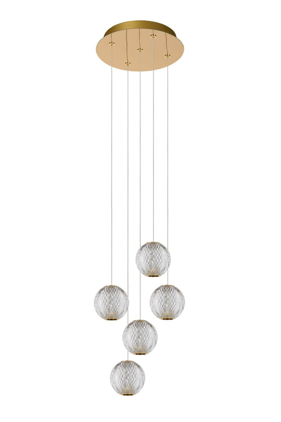 Vue de profil de la suspension avec cinq globes en verre transparent et câbles apparents
