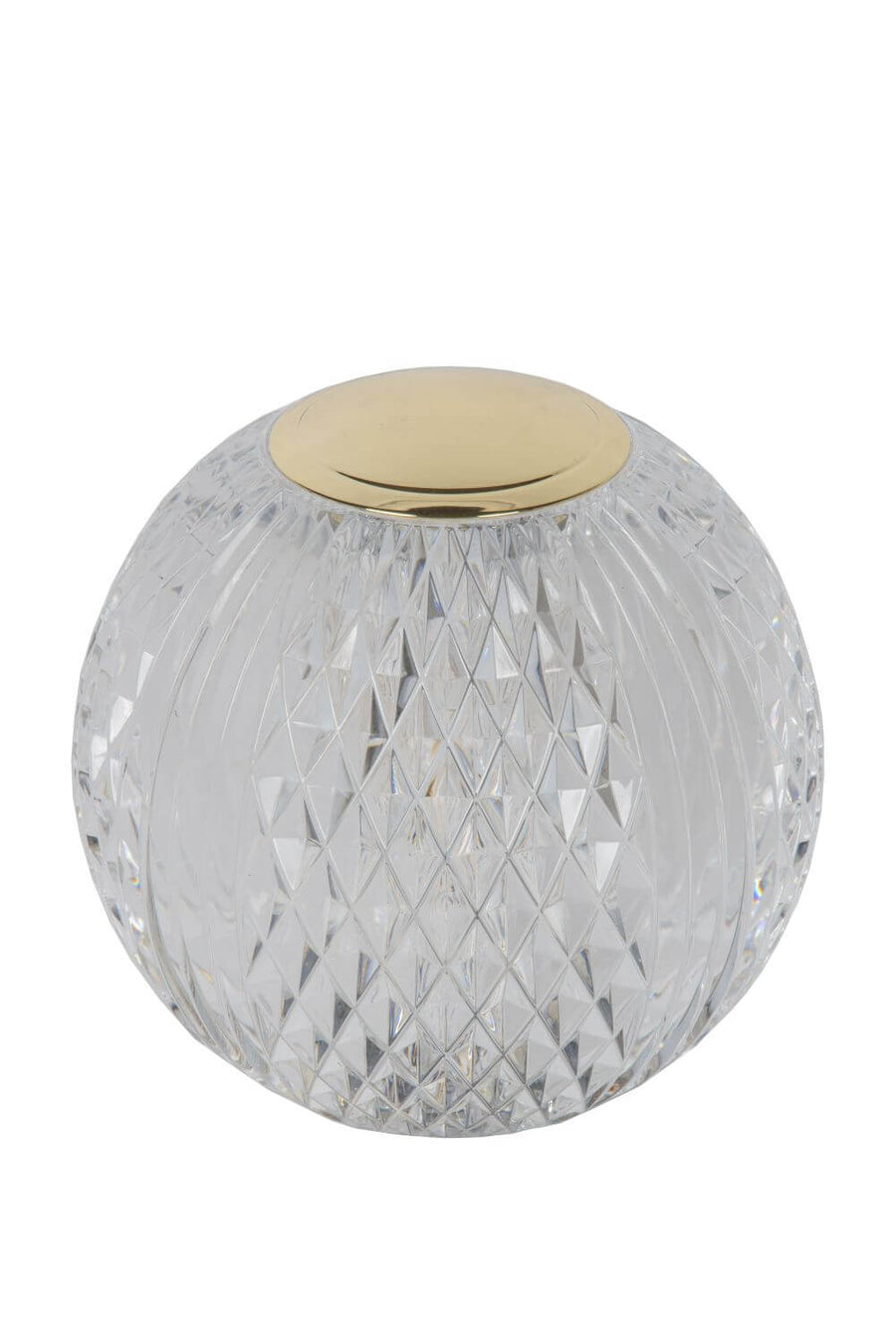 Luminaire éteint, gros plan sur la sphère en verre transparent à motifs losanges.