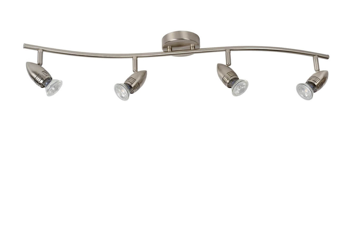 Vue de face détaillée du luminaire avec quatre projecteurs orientables vers le bas.