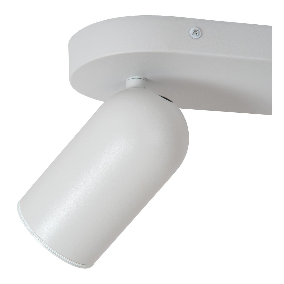 Gros plan sur un spot cylindrique blanc et sa rotule de fixation