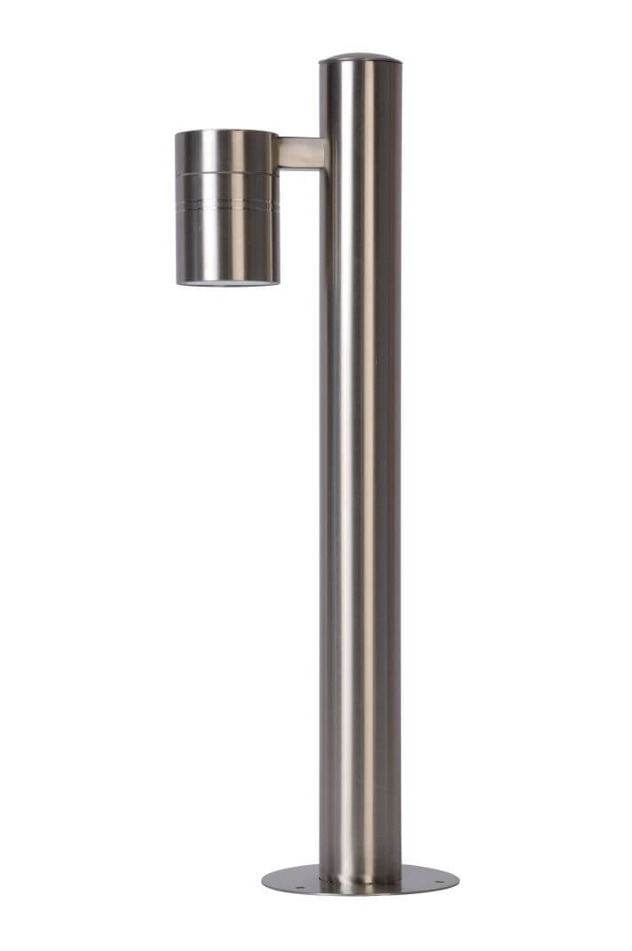 Produit isolé sur fond blanc, montrant la borne cylindrique en acier inoxydable de profil.