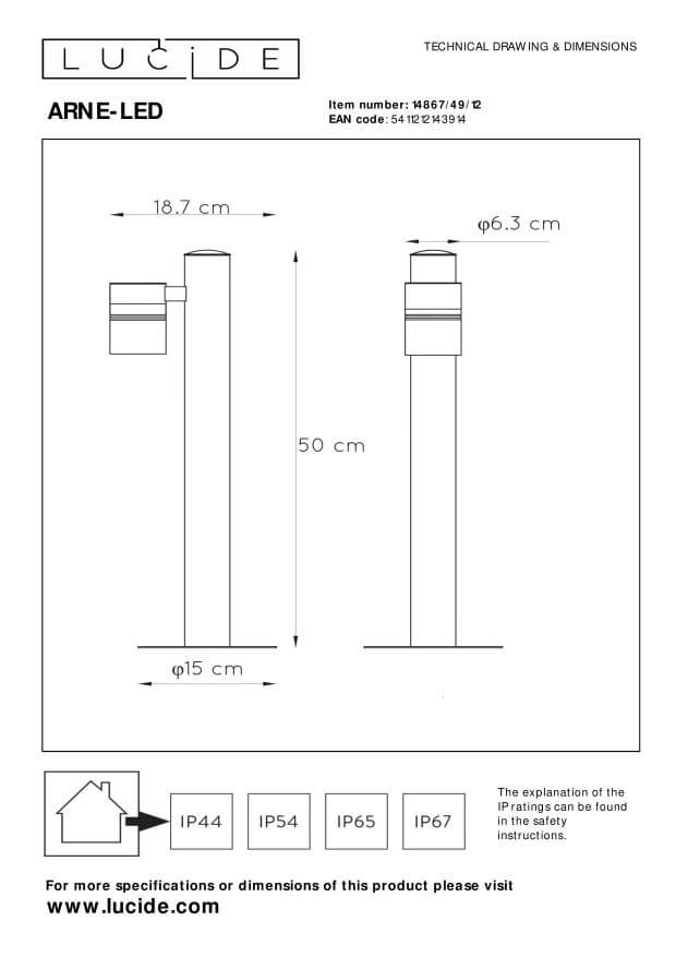 Schéma technique avec dimensions, hauteur et diamètre, et indices de protection IP.