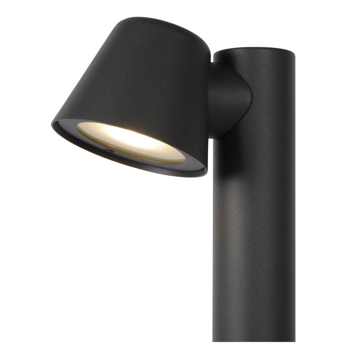 Gros plan sur la tête et l'articulation, finition anthracite mate et verre.
