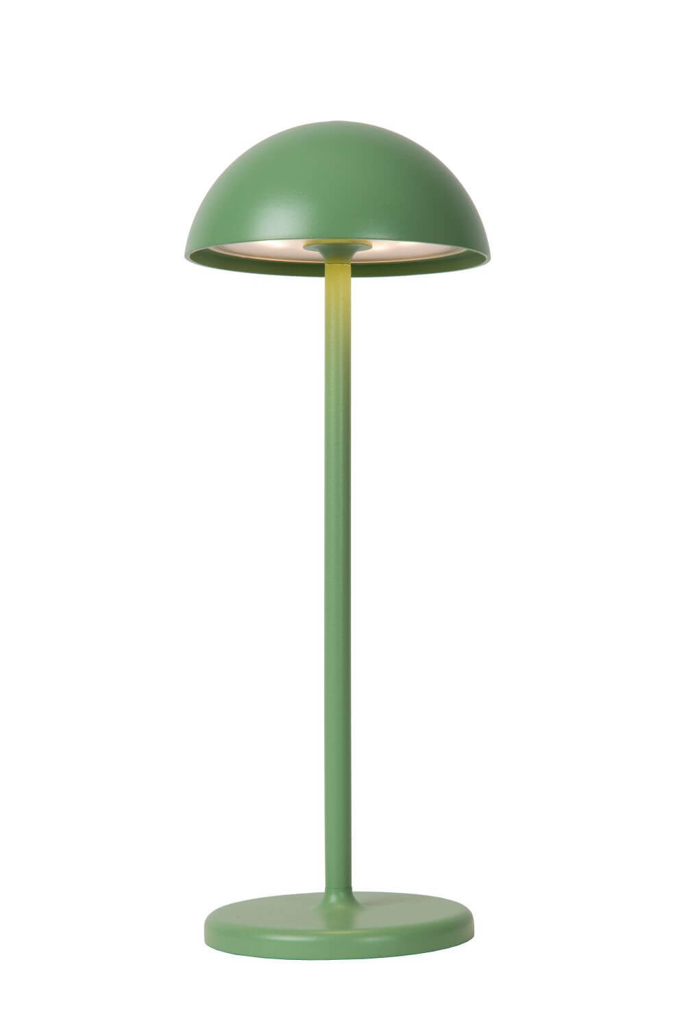 Vue de face du luminaire vert avec dôme bombé, pied central et embase plate