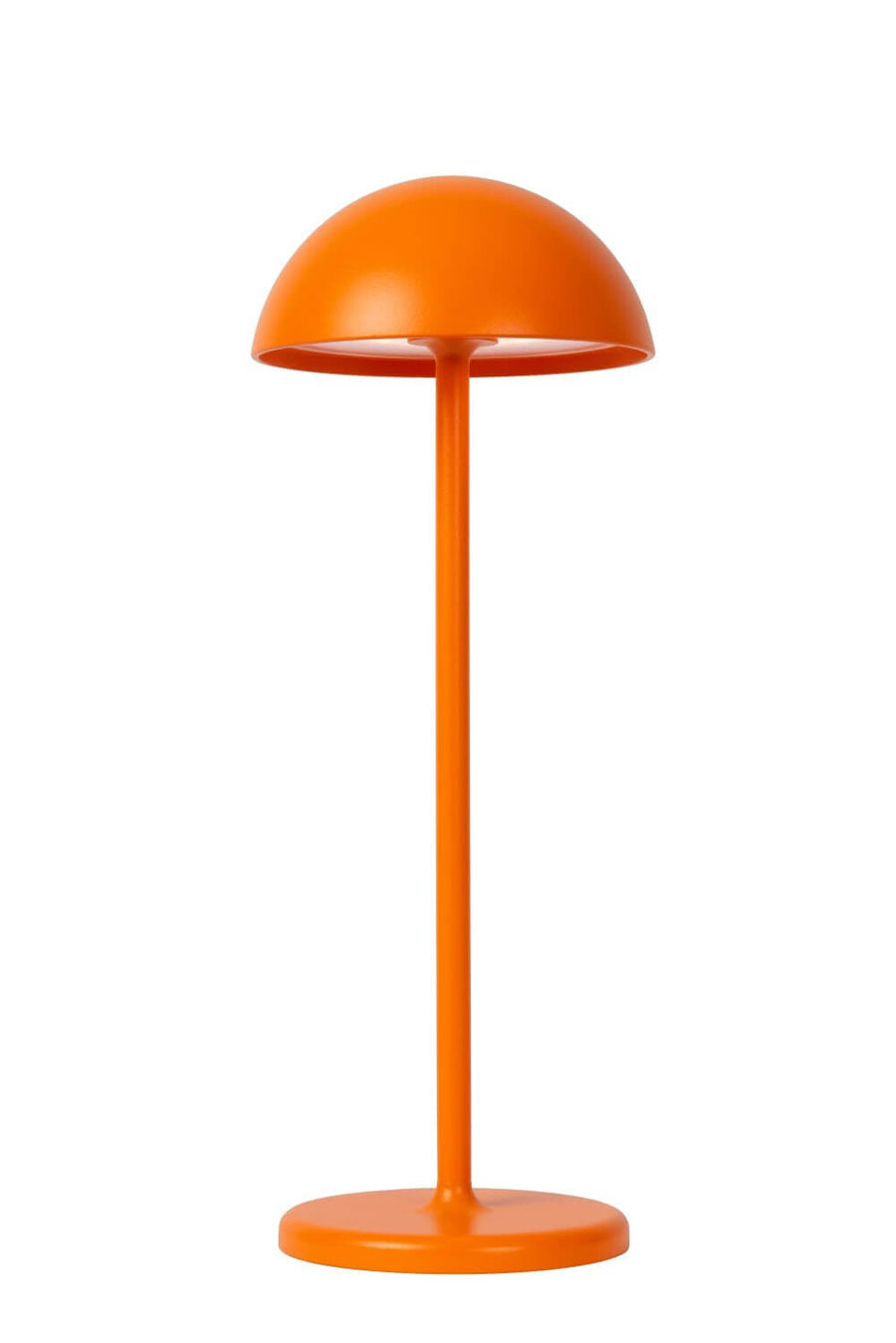 Profil de la lampe orange, pied circulaire, tige verticale et calotte bombée