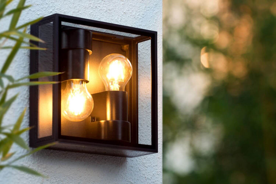Vue rapprochée du luminaire noir avec deux ampoules, arrière-plan flou et végétation.