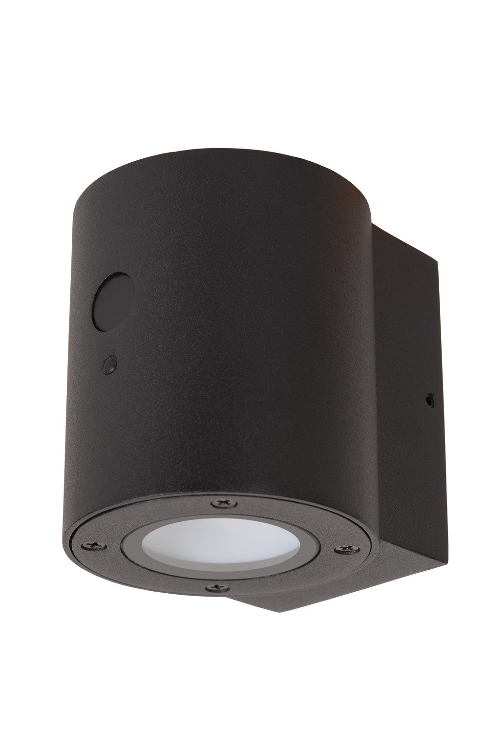 Luminaire mural extérieur noir cylindrique avec verre de protection blanc non allumé.