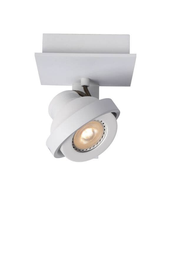 Produit de face, spot blanc orientable sur embase carrée, lumière allumée