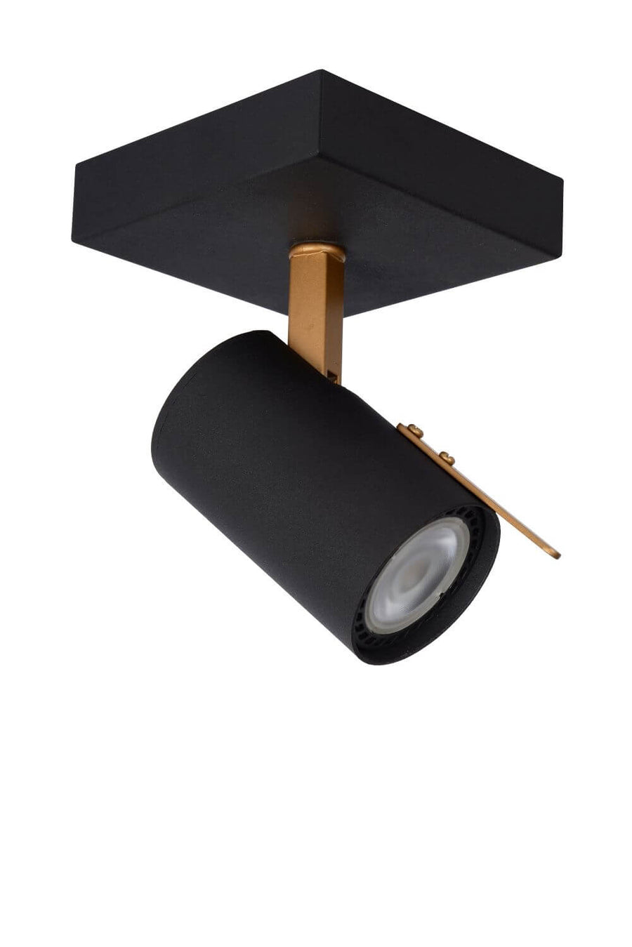 Spot orientable noir et doré sur socle carré avec tête cylindrique et lentille