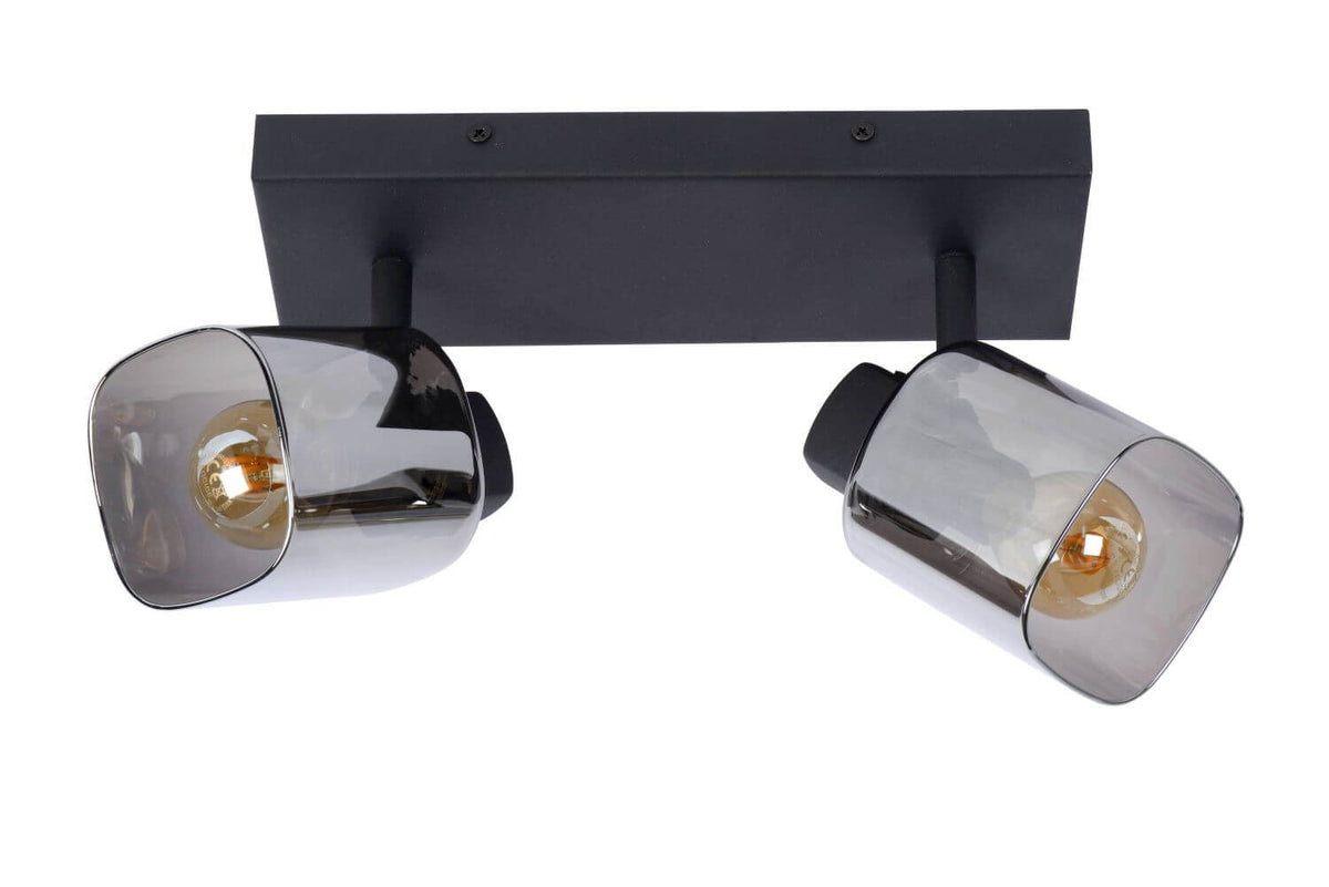 Détail des deux têtes orientables noires et de leurs diffuseurs en verre fumé transparent.