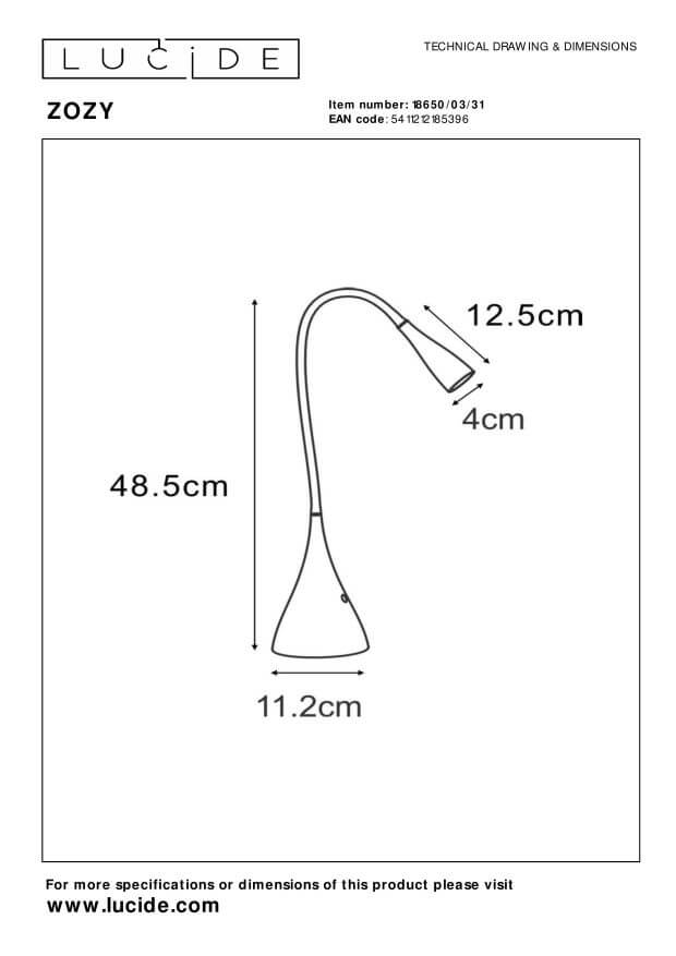 Schéma technique coté indiquant hauteur, diamètre de base et dimensions de la tête