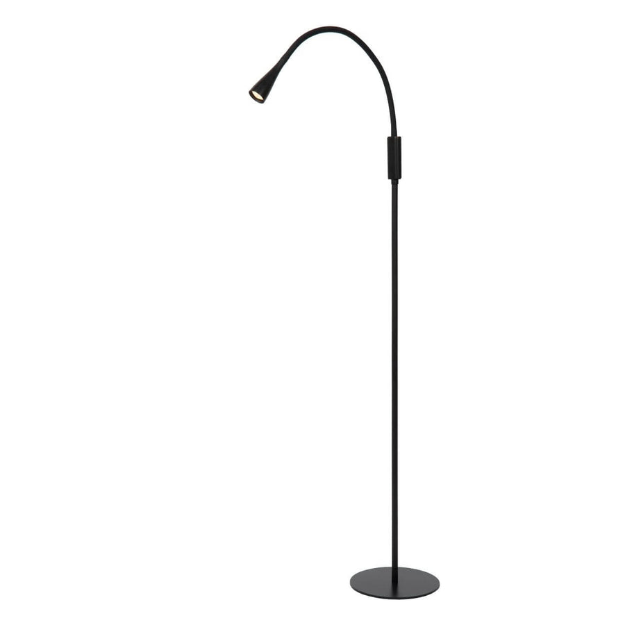 Vue en pied du lampadaire noir allumé, socle rond et bras arqué
